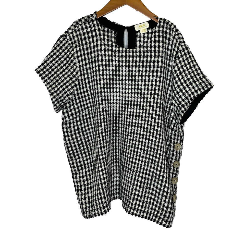 Women's 16 Maeve Black Houndtooth Cotton Blend Knit Button Side Blouse